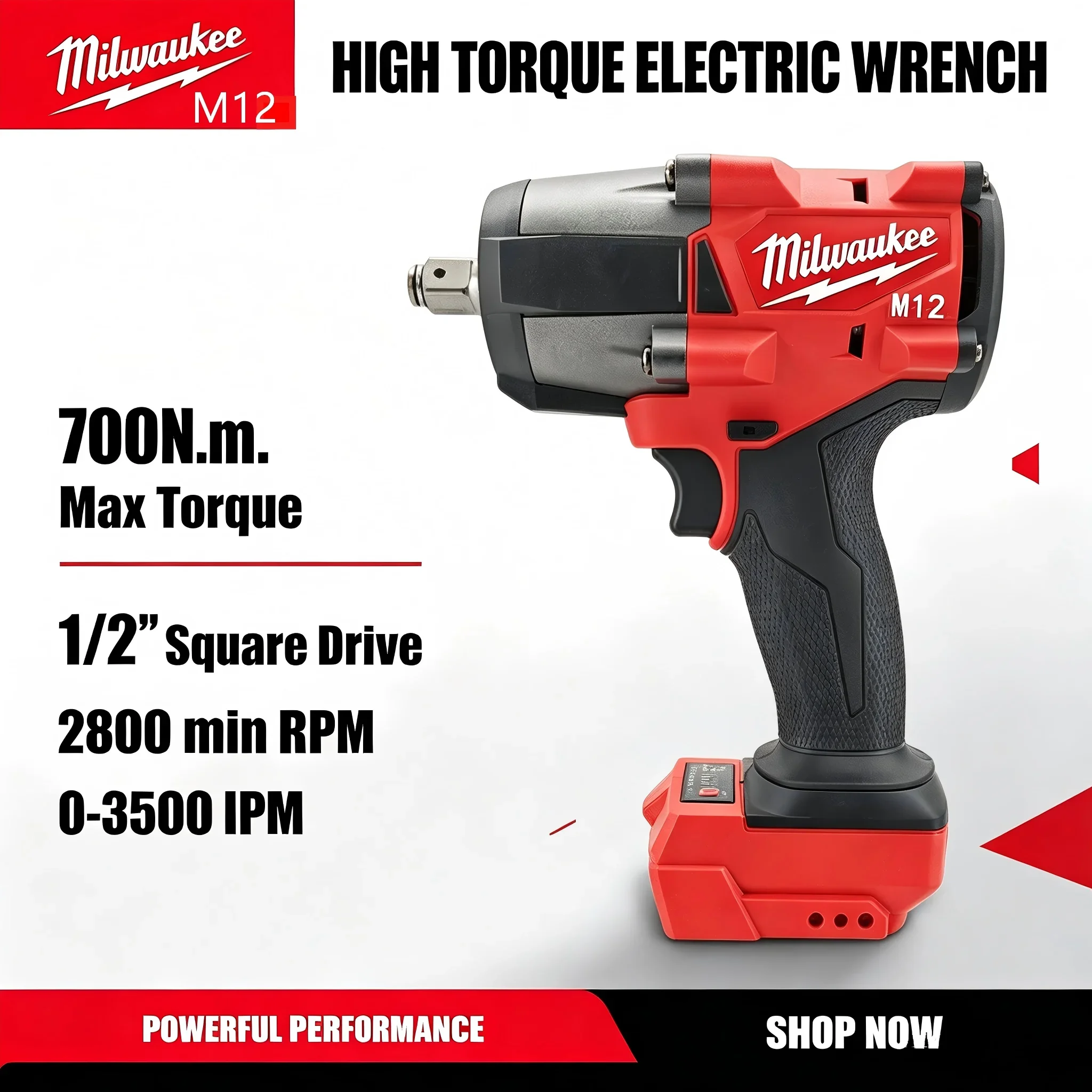 Brushless 1/2-Inch Impact Wrench High Torque 700N.m Electric AMilwaukeeM12uto Repair Tool with Stepless Speed Control 1