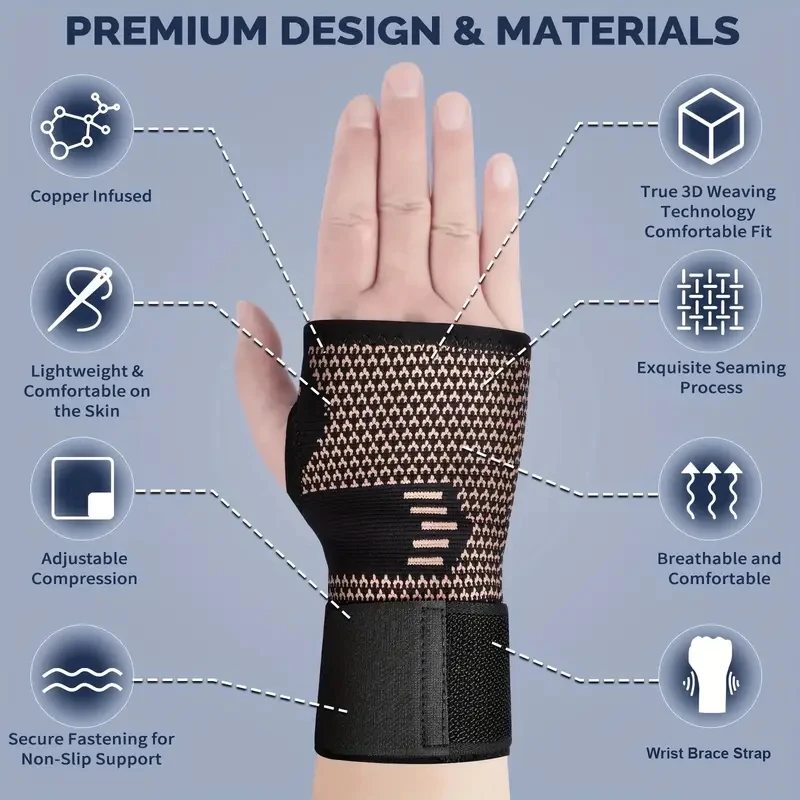 2pcs Copper Fiber Wrist Brace Gloves - Adjustable Compression Hand & Wrist Support Breathable Secure Fit Gloves