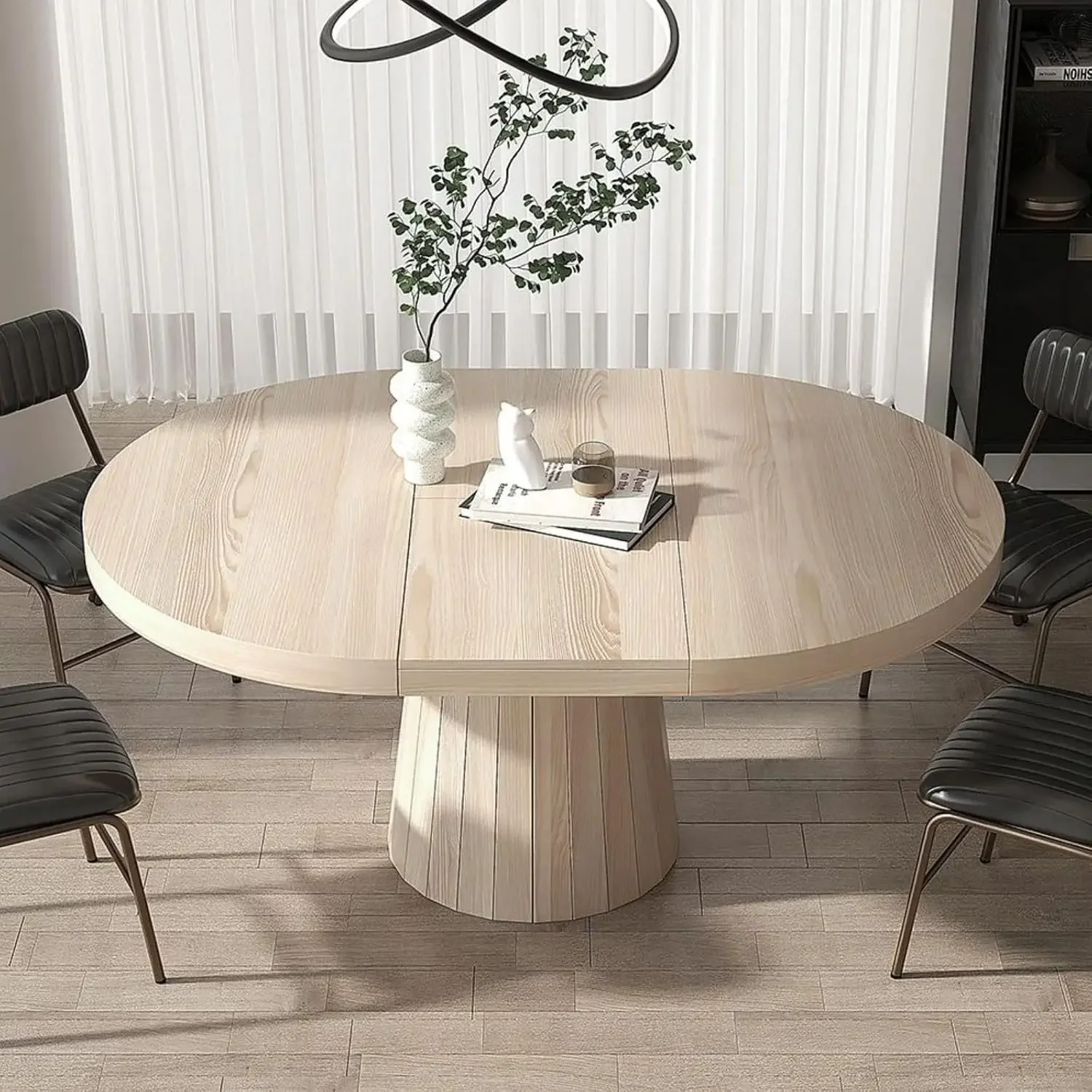 

39"-55" Extendable Dining Table Round/Oval Dining Room Table for 4-6 Wood Kitchen Table with Pedestal Base (Whitewash)