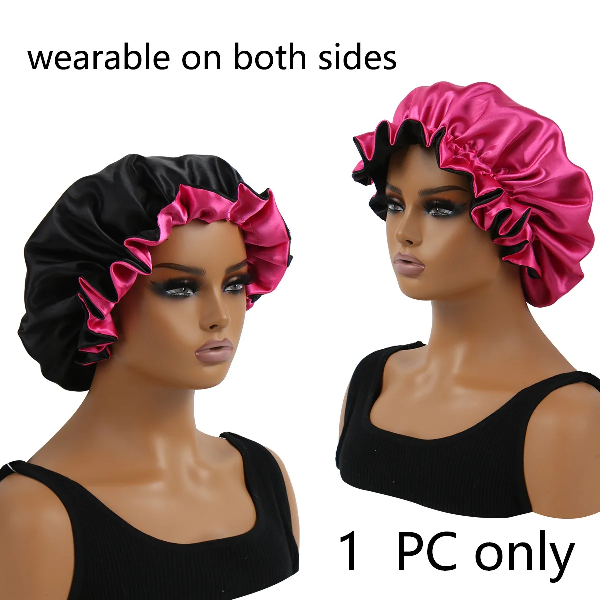 

2 Layer Satin Bonnet for Women, Black & Pink Ruffle Edge Sleep Cap, Soft Hair Care Night Cap for Winter