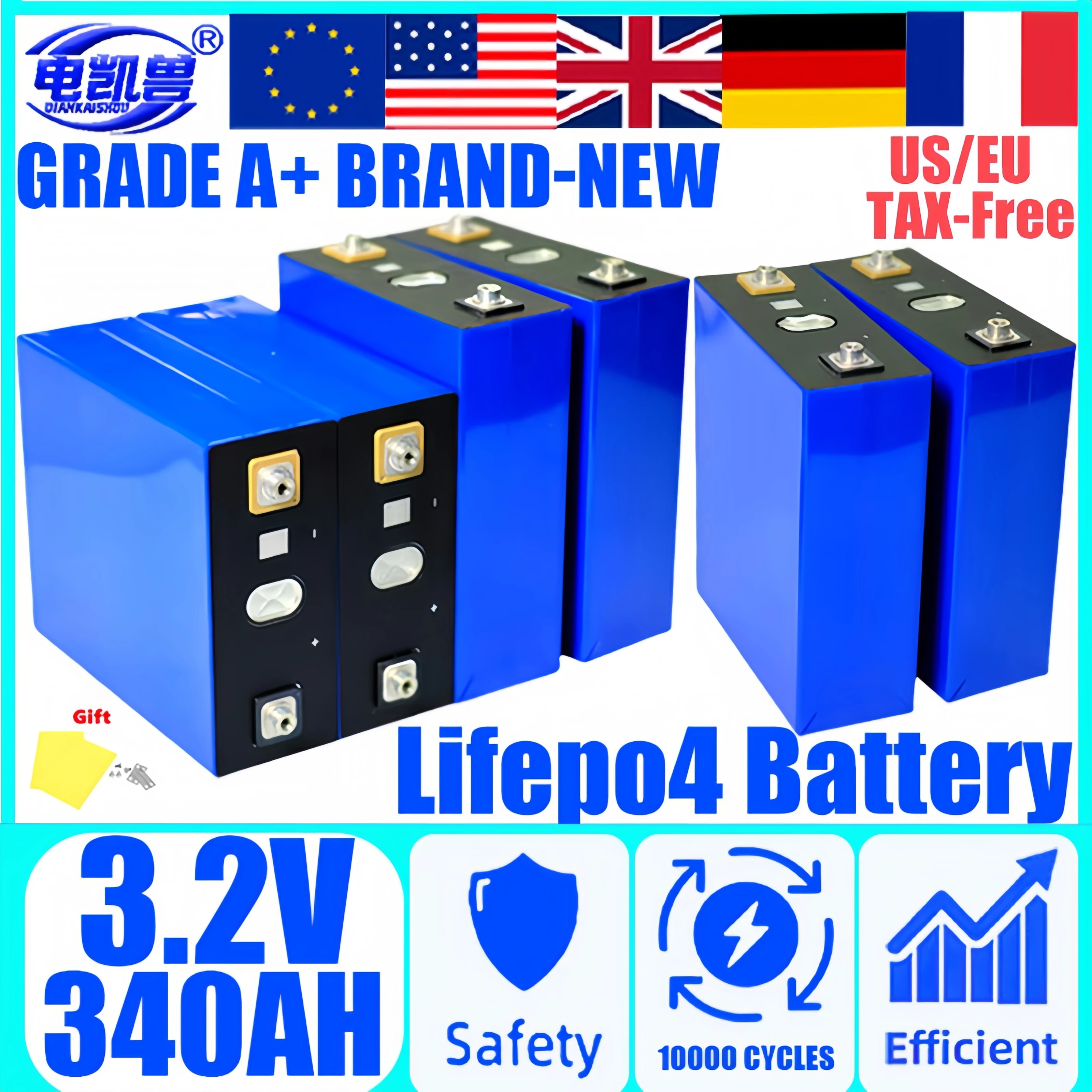 

3.2V 340AH 320AH Grade A Lifepo4 Rechargeable Battery DIY 12V 24V 48V battery RV EV pack Golf solar energy camping duty-free