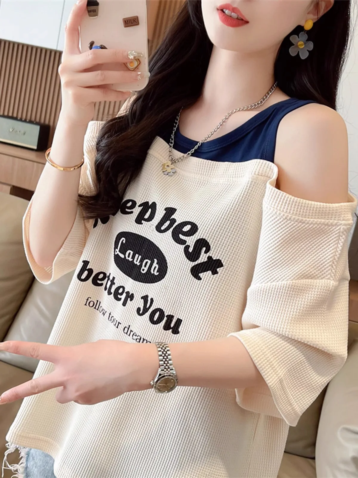 

Loose Fit Shoulder Bared Two Piece Effect T Shirt Women Summer Fashion Korean Style Bamboo Cotton Polyester Blend Top
