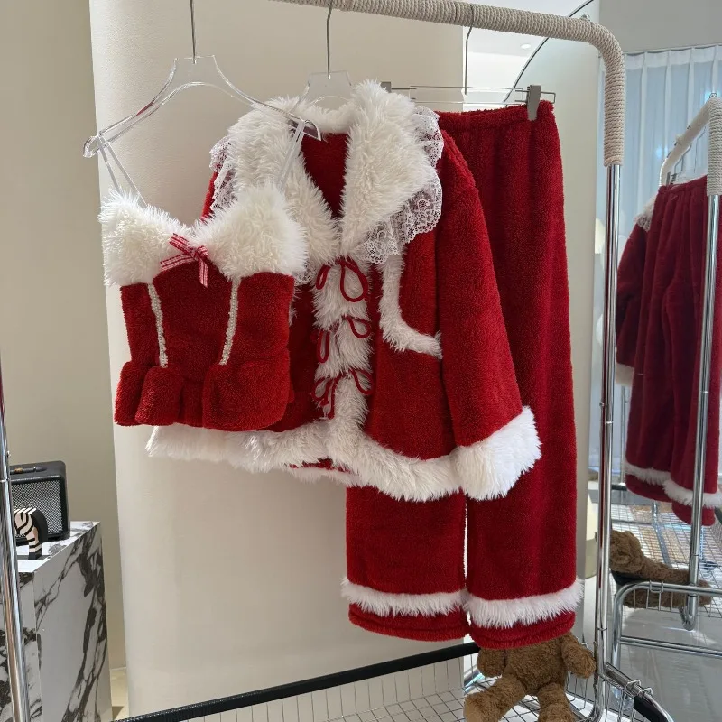 

2025 New Style Women's Coral Fleece Pajamas Red Christmas Home wear Sexy Spaghetti Strap Thickened Autumn Winter Sleepwear XL
