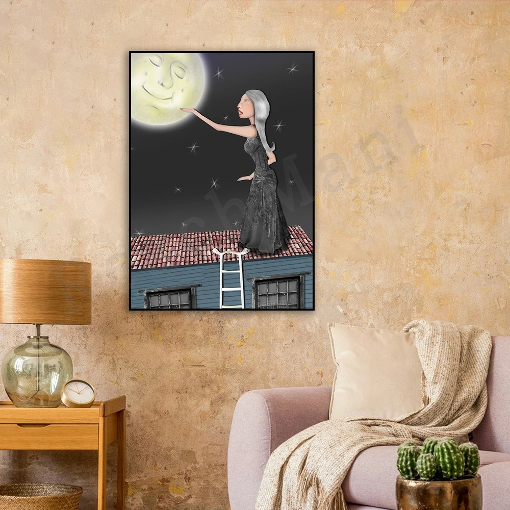 

Make a wish, love the man on the moon, night sky print, I love you, moon and stars, reach out to love decorative canvas poster