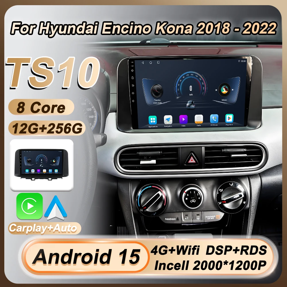 

Беспроводной Carplay Auto для Hyundai Encino Kona 2018 2019-2022 Стерео головное устройство Автомобильный радиоприемник Android 15 Сенсорный экран 8-ядерный GPS BT