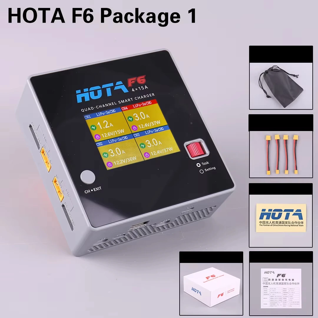 HOTA F6 Quad‑Channel Smart Charger, DC 1000W 4×15A Balance Charger Discharger for Lipo LiIon NiMH Battery, 45W USB Type‑C Port R