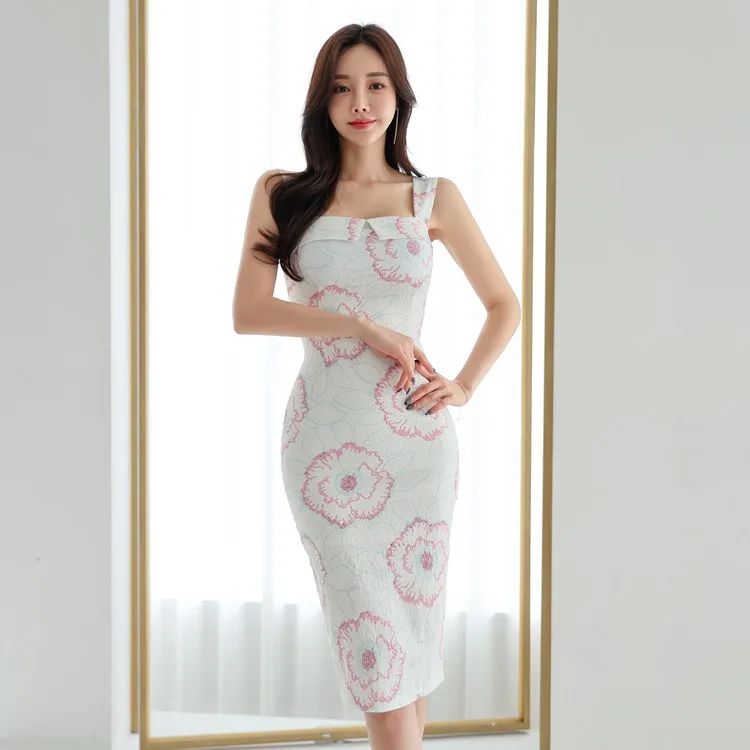Sexy Korean Style Sleeveless Square Collar Printed Strap Bodycon Dress Summer Polyester Fiber mid Waist H-Shape Zipper Closure