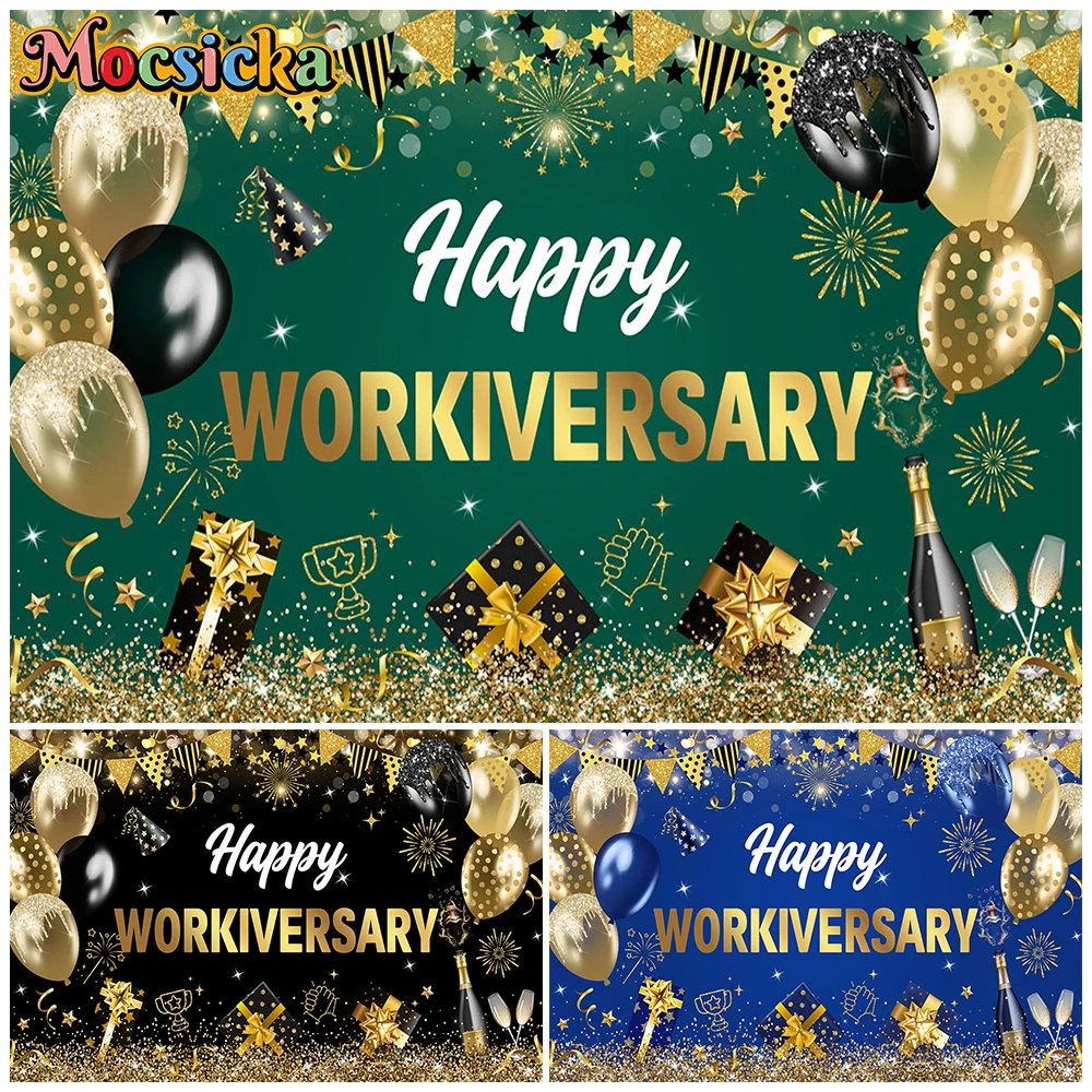 Mocsicka Happy Workiversary Backdrop Tapestry Blue Green Gold Work Anniversary Celebration Office Party Photography Backgrounds