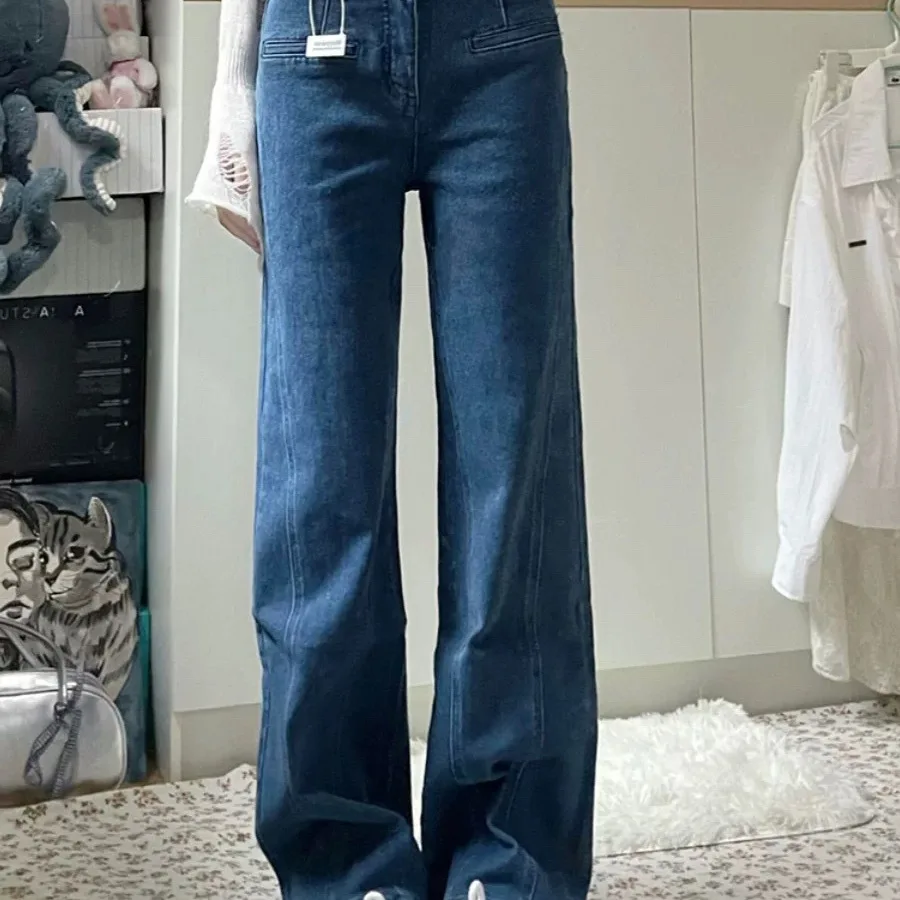 Jeans mit Schleifendetail für Damen, Hose mit hoher Taille und weitem Bein, Vintage-Blau, schlankmachende schmale Palazzos für den Herbst