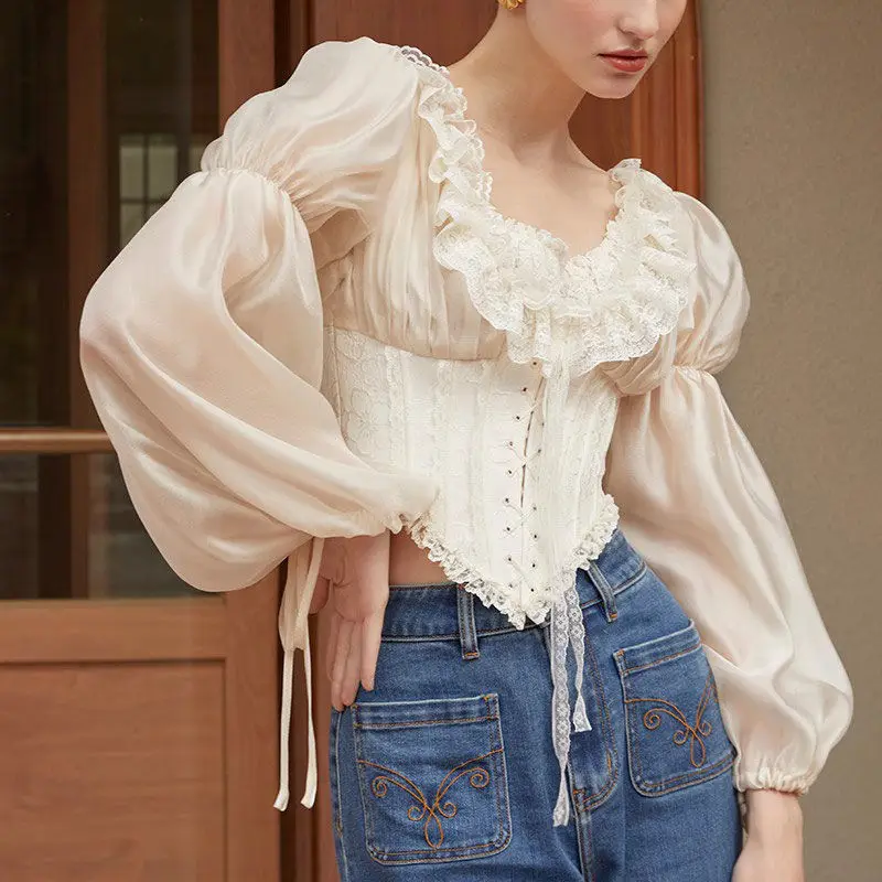 French Retro Palace Style Waist Slimming Blouses Women Clothing Spring Temperament Bubble Sleeves Sweet Short Shirt Women Tops