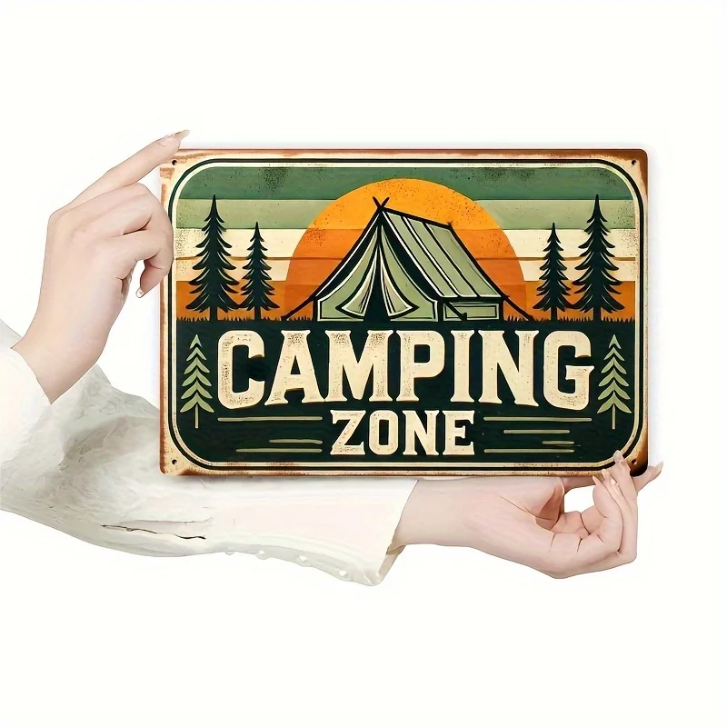 Rustic Metal Wall Art Sign - Vintage Camping Zone Design with Pine Trees,Sunset, Durable Iron Country Decor for Kitchen, Bar,