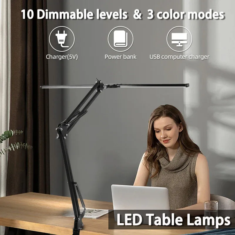 

LED Table Lamps Dimmable Double Head Dask Lamp Computer Monitor light USB Reading Table Lamp Office Study Working Folding Lights