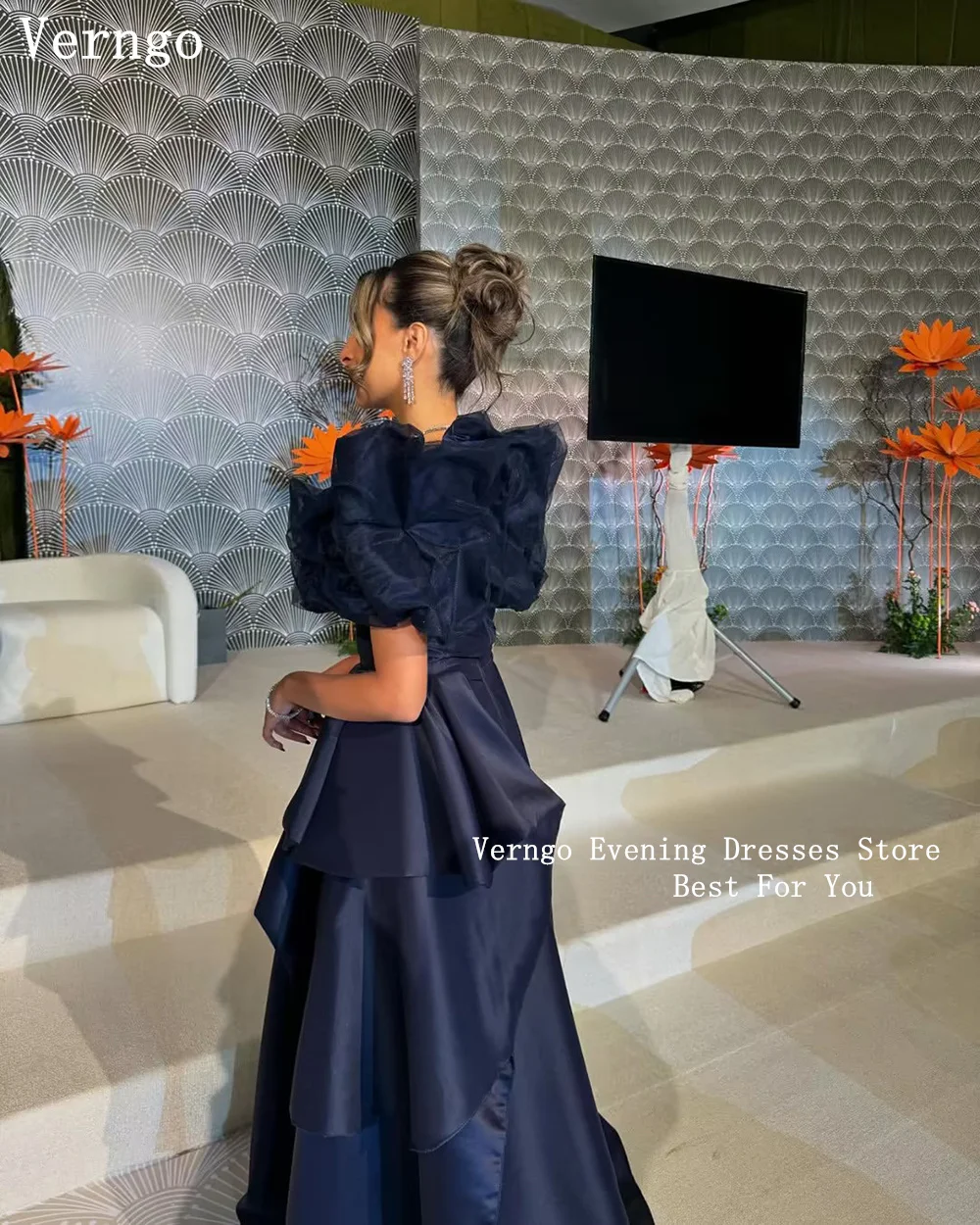 Verngo Navy Blue Satin Evening Dress Off The Shoulder A Line Prom Gown Simple Elegant Arabic Prom Party Dresses Customized