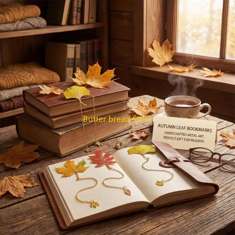 W89C 4Pcs Fall Leaves Metal Bookmarks with Chain Pendant Novel Fiction Page Marker Page Divider for Book Lover Teacher Adult
