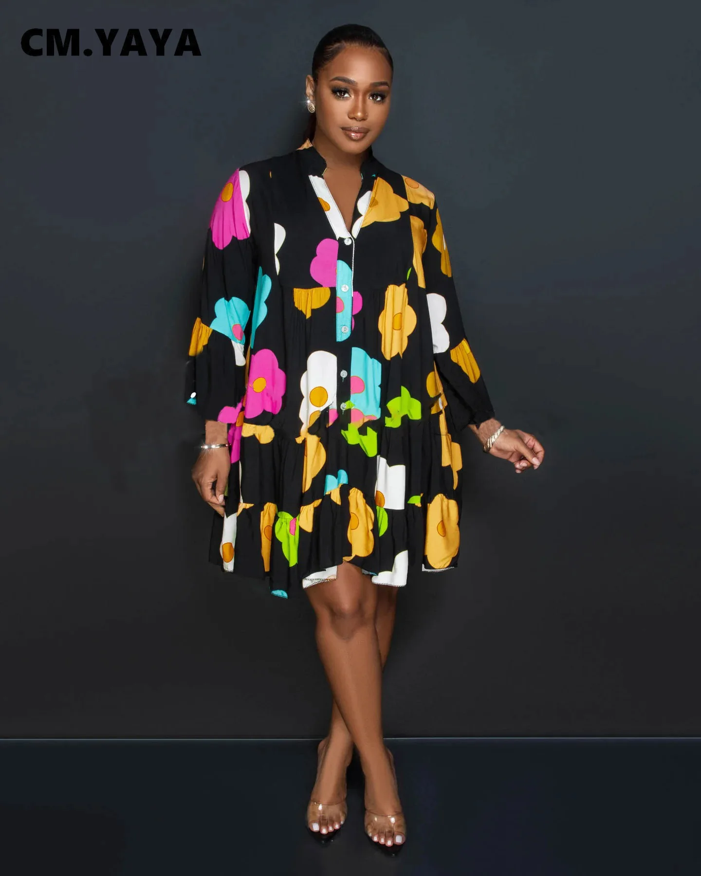 CM.YAYA Women Floral Printed Lantern Long Sleeve Single Breasted Loose  Shirt Style Babydoll Dress 2023 Chic Vestidos Dresses - AliExpress 200000345