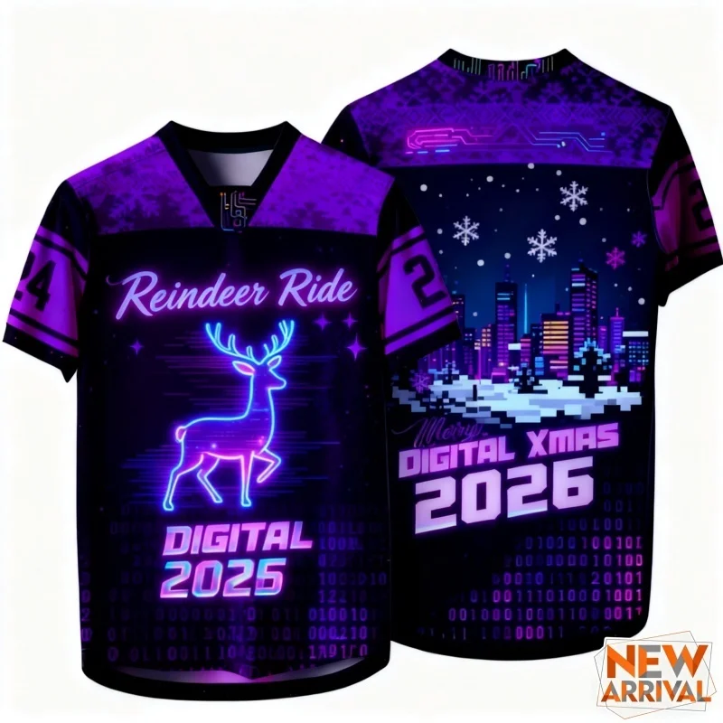 النيون سايبر نمط تي شيرت للرجال عيد الميلاد جرس الرنة ثلاثية الأبعاد مطبوعة تيز عادية الشارع بلوزات مستديرة العنق قصيرة الأكمام فضفاضة تي شيرت #3