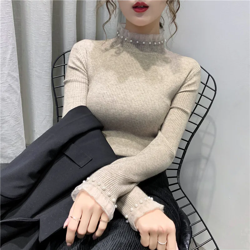 Maglione da donna con collo alto e fondo lavorato a maglia, top con volant, perle, dolce ed elegante, autunno inverno, maglione, pullover da ufficio