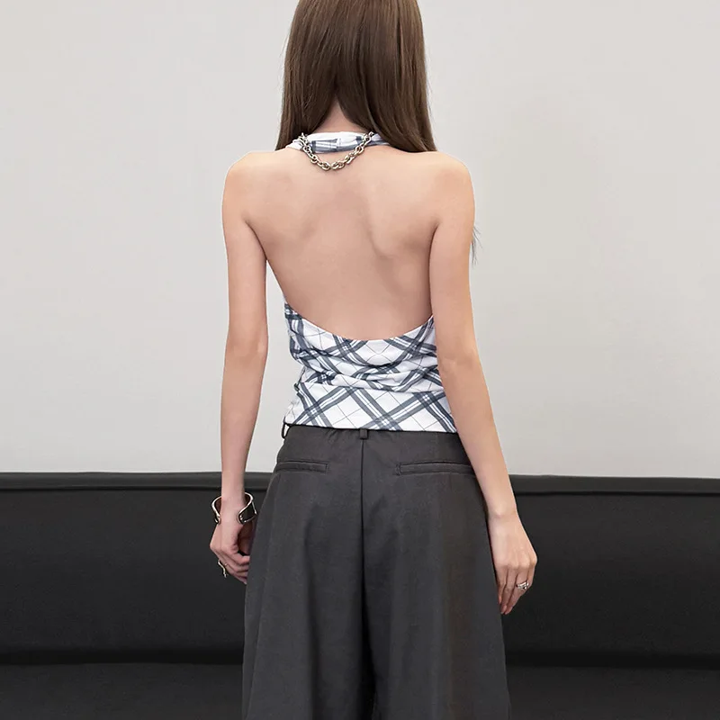 2025년 여름 여성용 세련된 체크무늬 네모난 디자인 니트 얇은 올매치 프린트 탑 트렌디 크로스보더