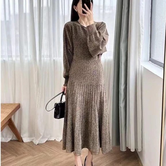

2025 Autumn Winter Latest Shiny Silk Blend Knit Midi Dress Women Classy O-Neck Full Sleeve Comfortable Ribbed Robe Ladies