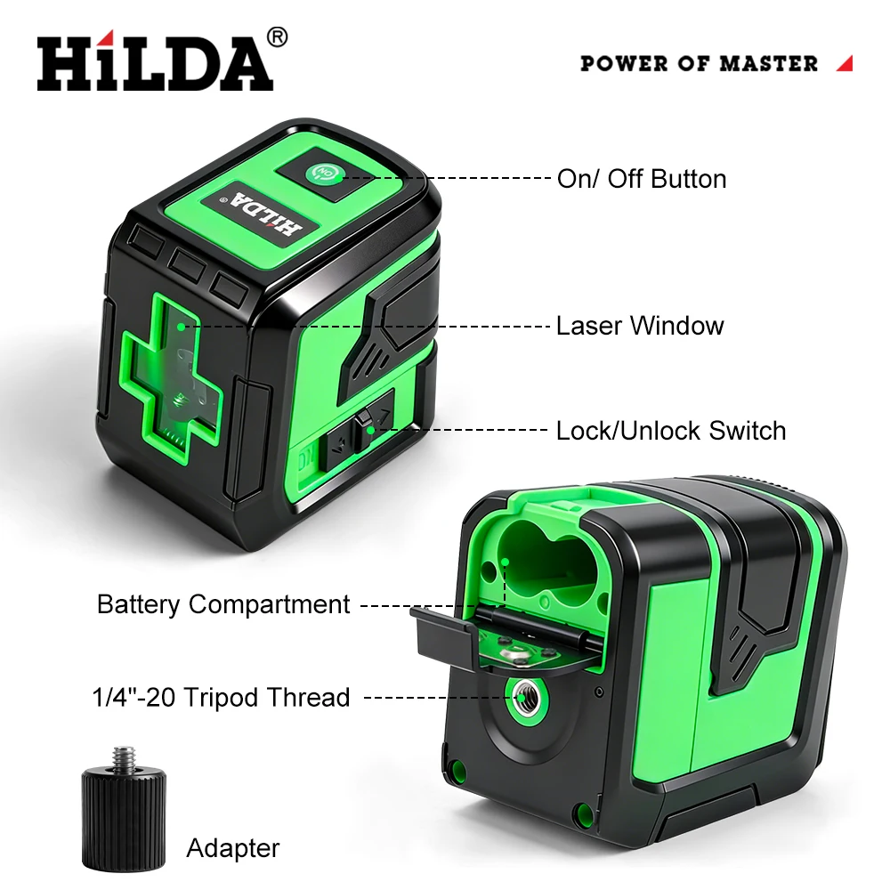 HILDA Laser Level 2 Lines Precision Self-Leveling Manual Mode Tilt Mode Cross Line Laser Leveler with Power for Indoor Outdoor