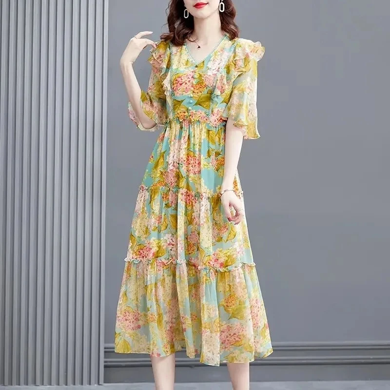 

Fashion Floral Print Long Dress Women's Summer V-Neck Splice Short Sleeve Dresses Woman Clothing Vestidos Elegantes Para Mujeres