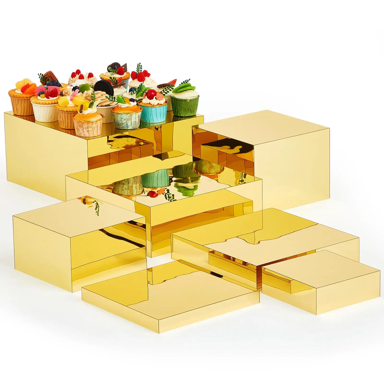 Set of 7 Gold Display Stand Cube Box with Hollow Bottom Inlaid Acrylic Bracket for Wedding Party