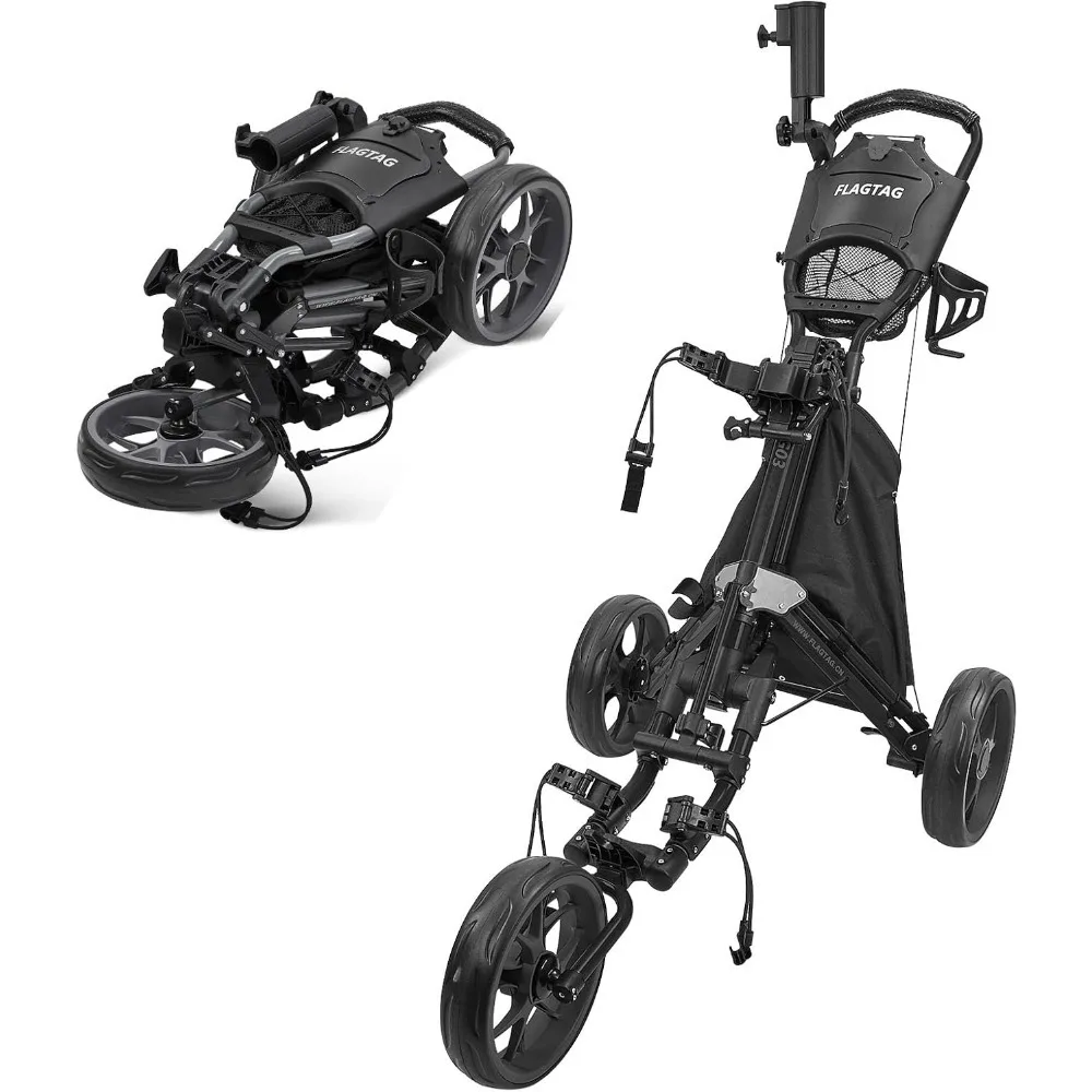 Golf Push Cart 3 Wheel,Foldable Golf Push Cart,Golf Bag Cart with Foot Brake,Umbrella Holder, Cup Holder, Storage Compartment