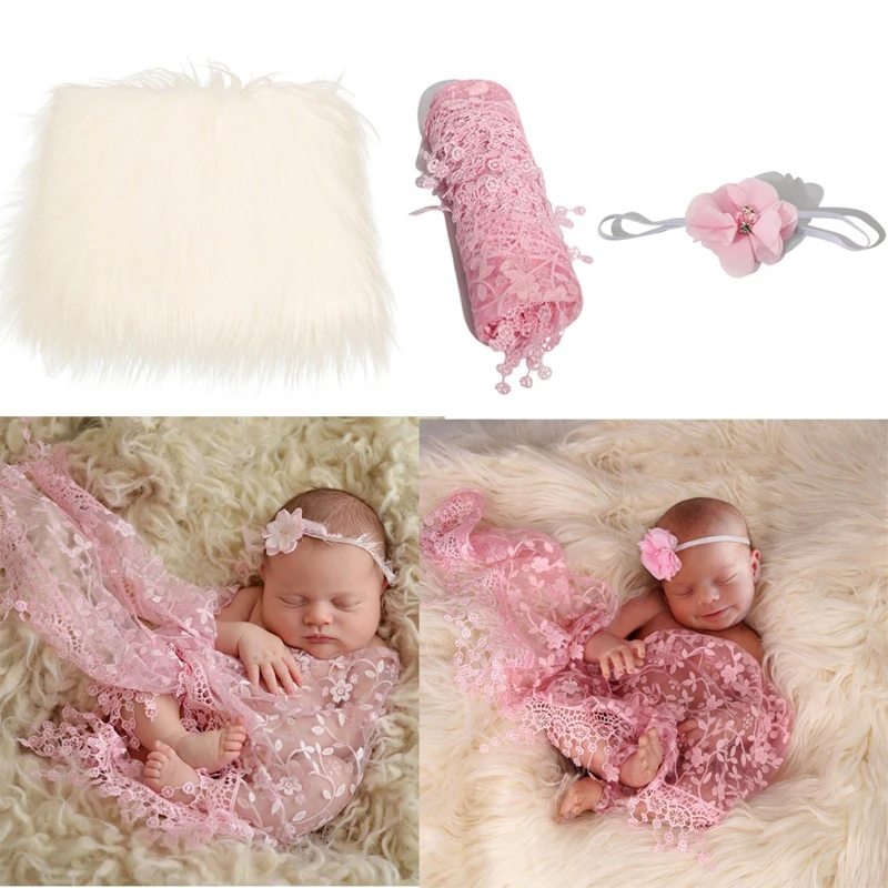 Newborn Photography Props Blanket Stretchy Knit Mohair Wrap with Flower Headband Baby Studio Photo Shooting Backdrop Blanket Mat