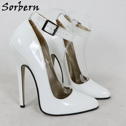 Sorbern 16Cm White Glossy Women Pump Shoes Stilettos Pointed Toe Sissy Boy Shoe Gold Lining Wide Ankle Strap Custom Colors