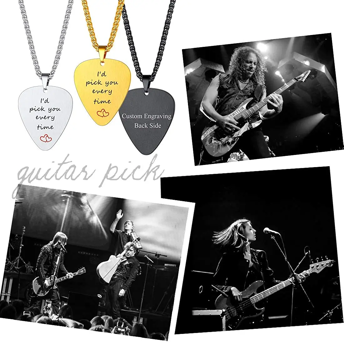 U7 Men Pendant with Chain Music Jewelry I'd Pick You Every Time Engraved Stainless Steel Guitar Pick Necklace