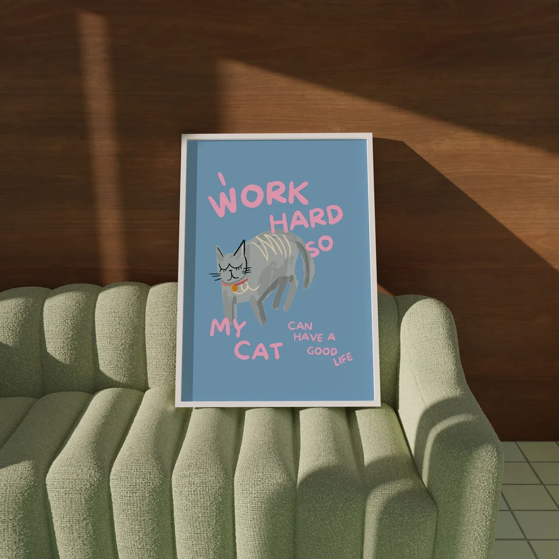 Humorous Cat Lover Wall Print Decor - Whimsical Brushstroke Illustration of a Plump Gray Cat with a Red Collar, Featuring the Re view 5