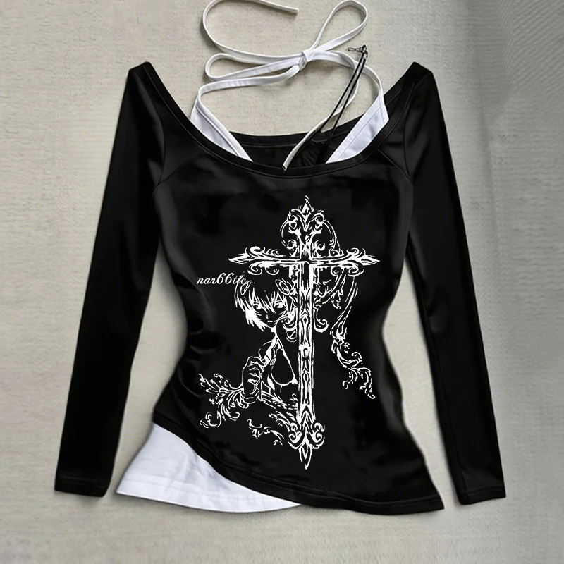 New Outdoor Autumn/Winter Gothic Character Cross Emo Casual Hanging Collar Off Shoulder Fake Two Piece Set Long Sleeve Shirt