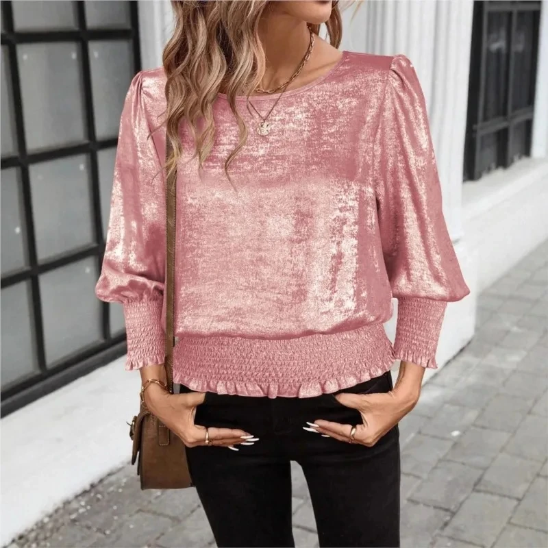 

T Shirts Round Neck Long Sleeve Elastic Pullover Elegant Top Women New Spring And Summer Versatile Formal Occasion Shirt T-Shirt