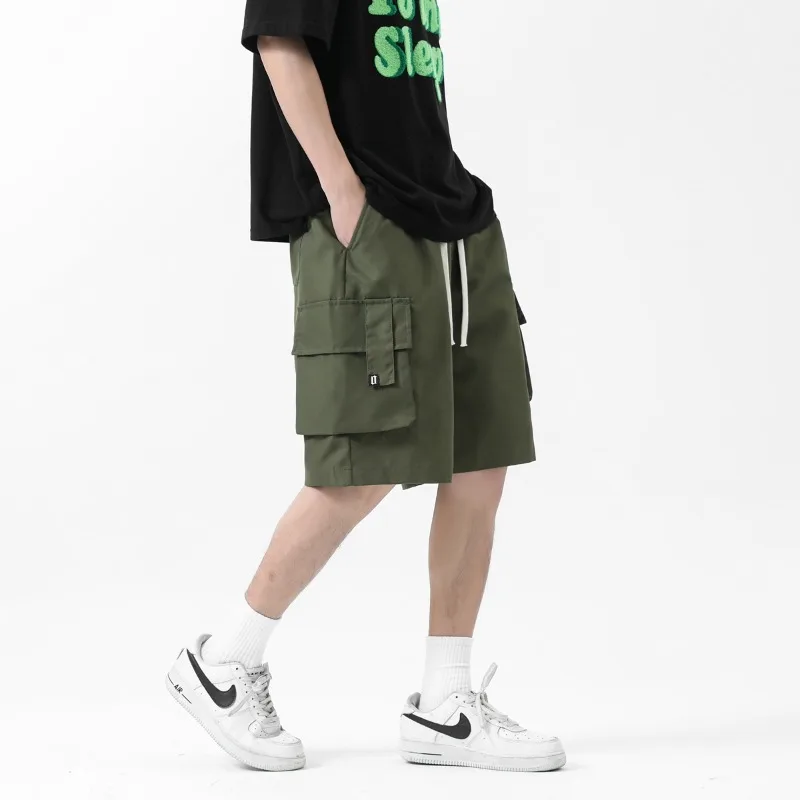 Men's Summer Pockets Solid Drawstring High Waist Elastic Casual Workwear Loose Trousers Fashion Vintage Shorts Office Lady Pants