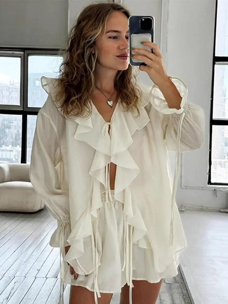

Women Spring Fashion Lace Up Set Sheer V Neck Ruffled Top Loose Casual Shorts Hollow Out Suits
