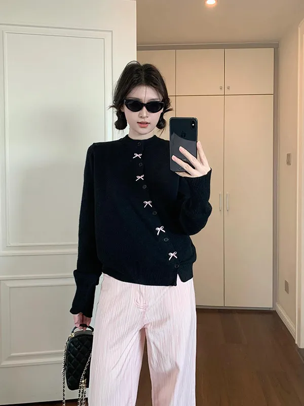 كارديجان نسائي شتوي محبوك بتصميم عقدة كورية، سترة أنيقة راقية للارتداء الداخلي