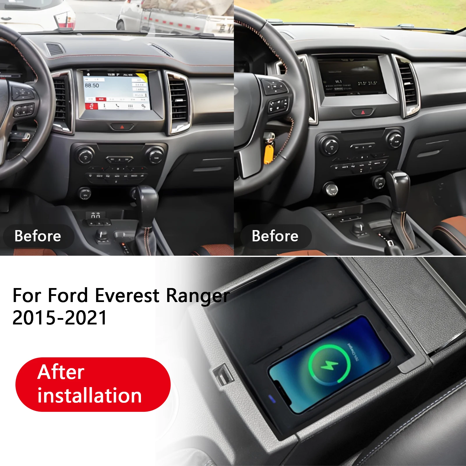 Carregador de celular 2 DIN para Ford Everest Ranger 2015-2021, carregador sem fio rápido para console central do carro, placa de carregamento, suport