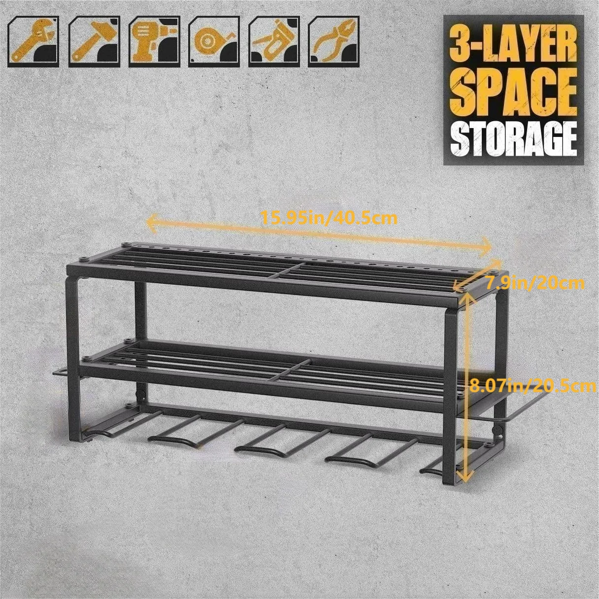 Power Tool Organizer with 4 Drill Holder Wall Mount Metal 3 Layers Power Drill Tool Holder Heavy Duty Garage Tool Storage Rack