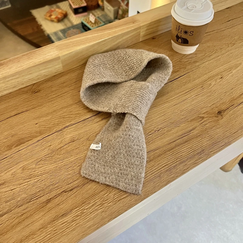 Solid Color Knitted Scarf  Winter Lazy Man Cross Short Scarf Women Khaki Warm Scarf For Wome