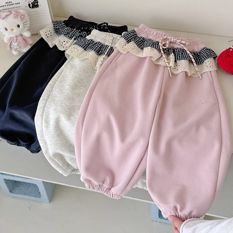 Girls Pants Spring 2026 New Item Baby Casual Pants Childrens Plaid Lace Pants