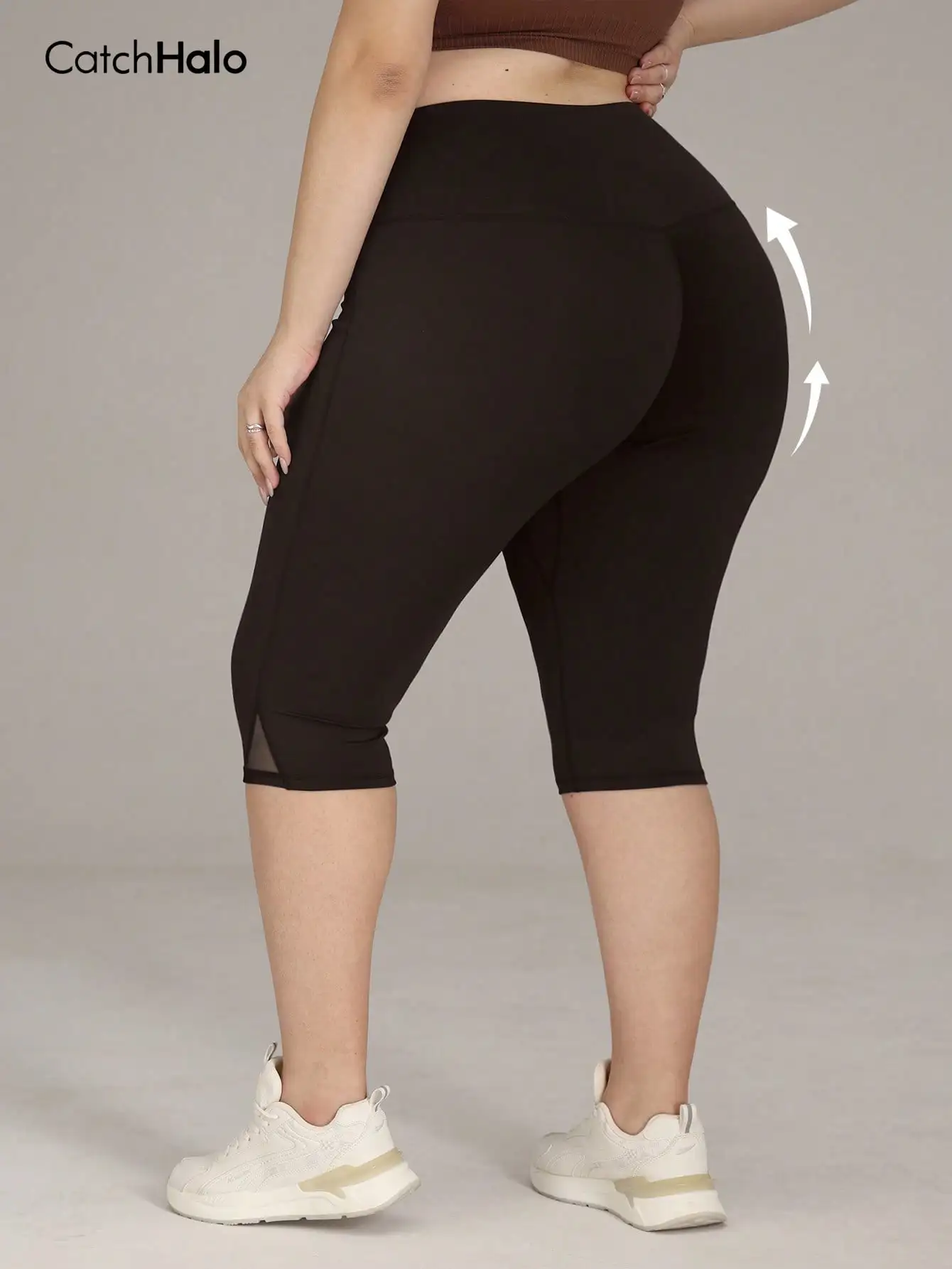 Plus Size Gym Leggings Women Mesh Yoga Pants High Waist Capri Workout Tights Side Slit Running Fitness Cropped Pants view 3