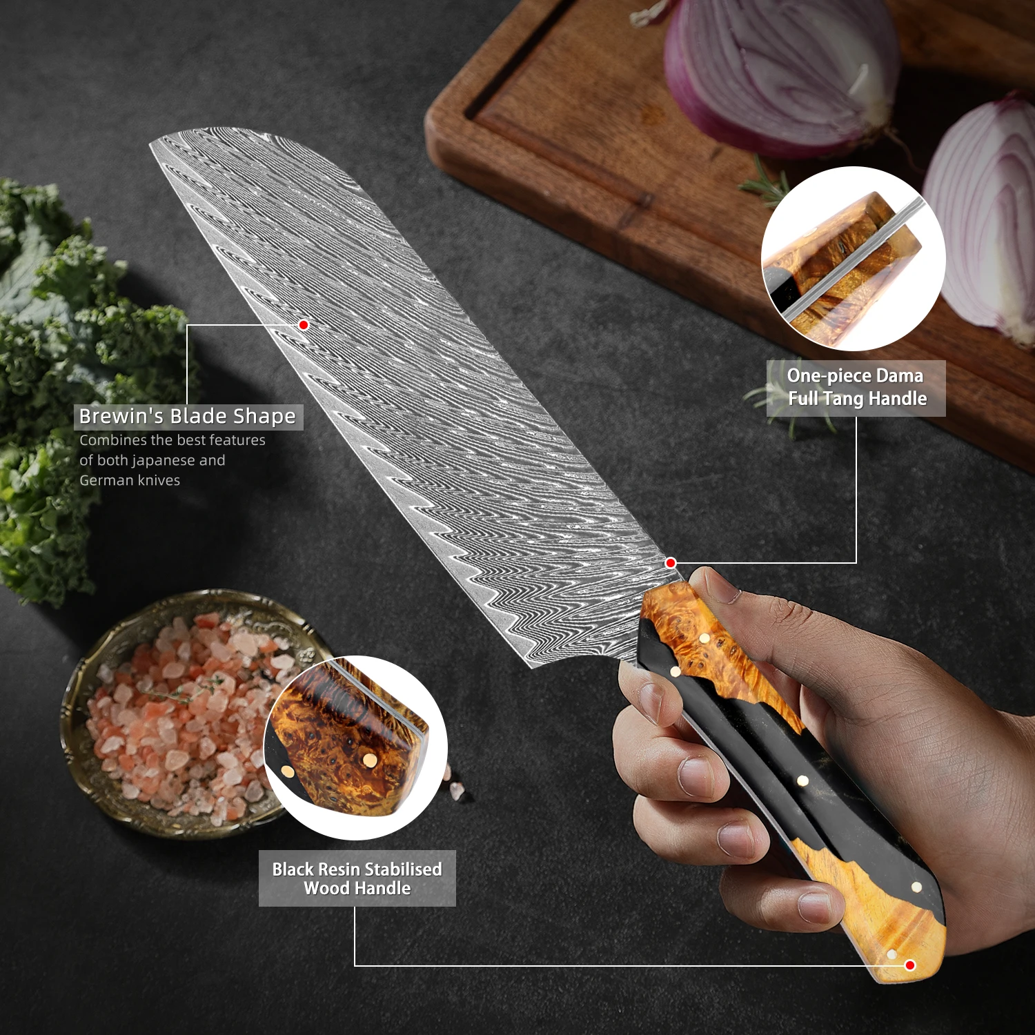 Santoku Knife 7 Inch Damascus Japanese Steel Kitchen Knife,Full Tang Best Chef Santoku knives,Resin Stabilised wood handle