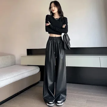 Image Y2K Vintage Pu Faux Leather Trousers Women Fall Wide Leg Pants Korean Drawstring High Waist Loose Pocket Solid Straight Bottoms