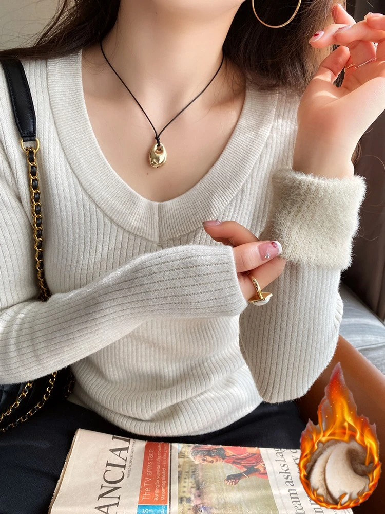 Modischer, mit Fleece gefütterter, verdickter Pullover mit V-Ausschnitt, 2026, warmer Damen-Winter-Langarmpullover, eleganter, solider, lässiger Strickpullover