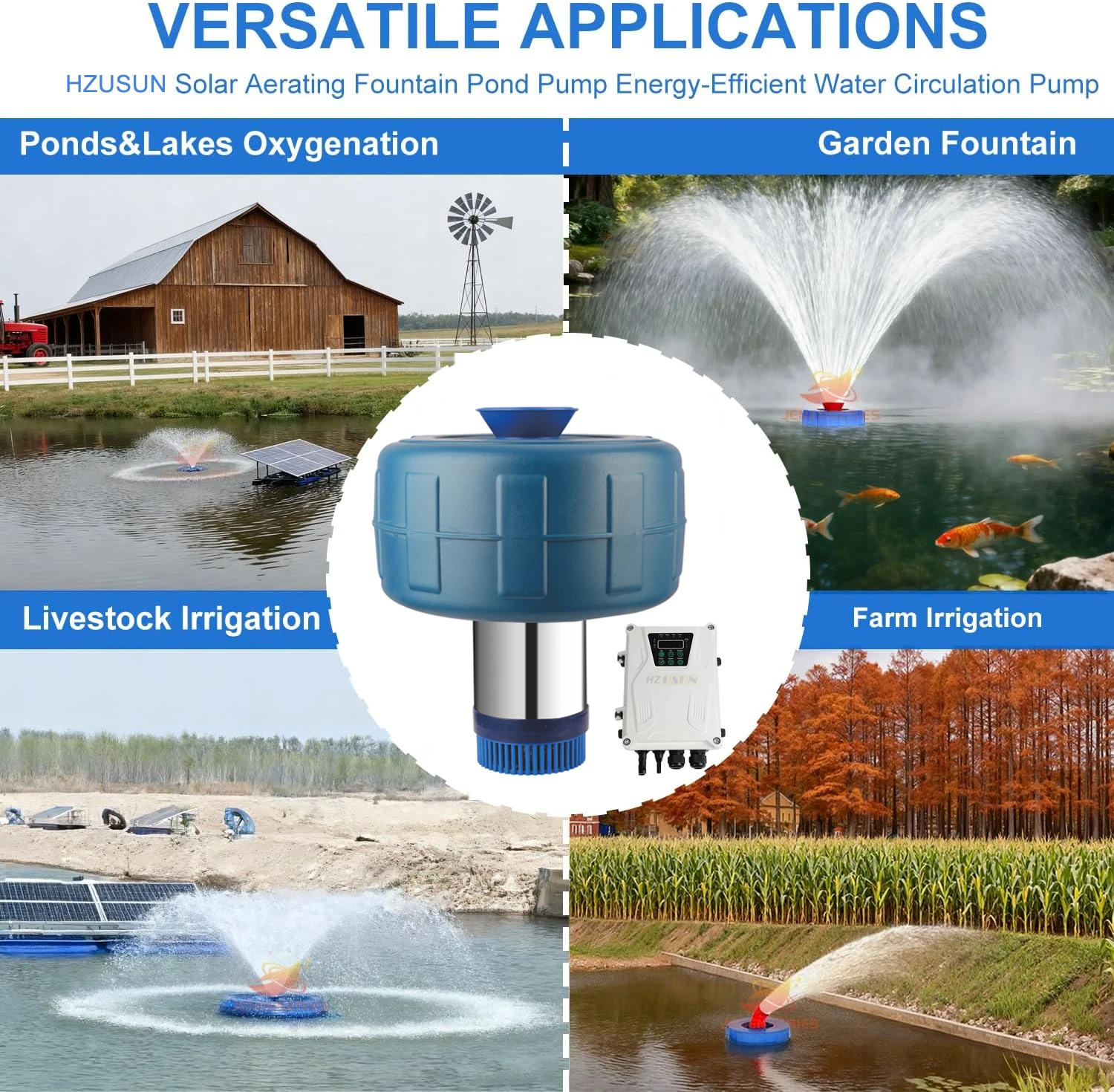 HZUSUN 1 HP Small Solar Powered Floating Pond Air Pump Aeration System Price Aquaculture DC Solar Dam Water Oxygen Pump Aerator