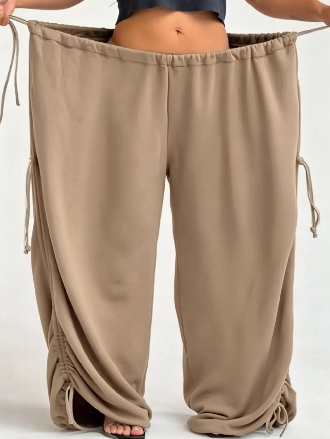 New High Waist Draping Loose Women Baggy Wide Leg Sweatpants Multi Drawstring Elastic Waist Adjustable Hem Street Trousers