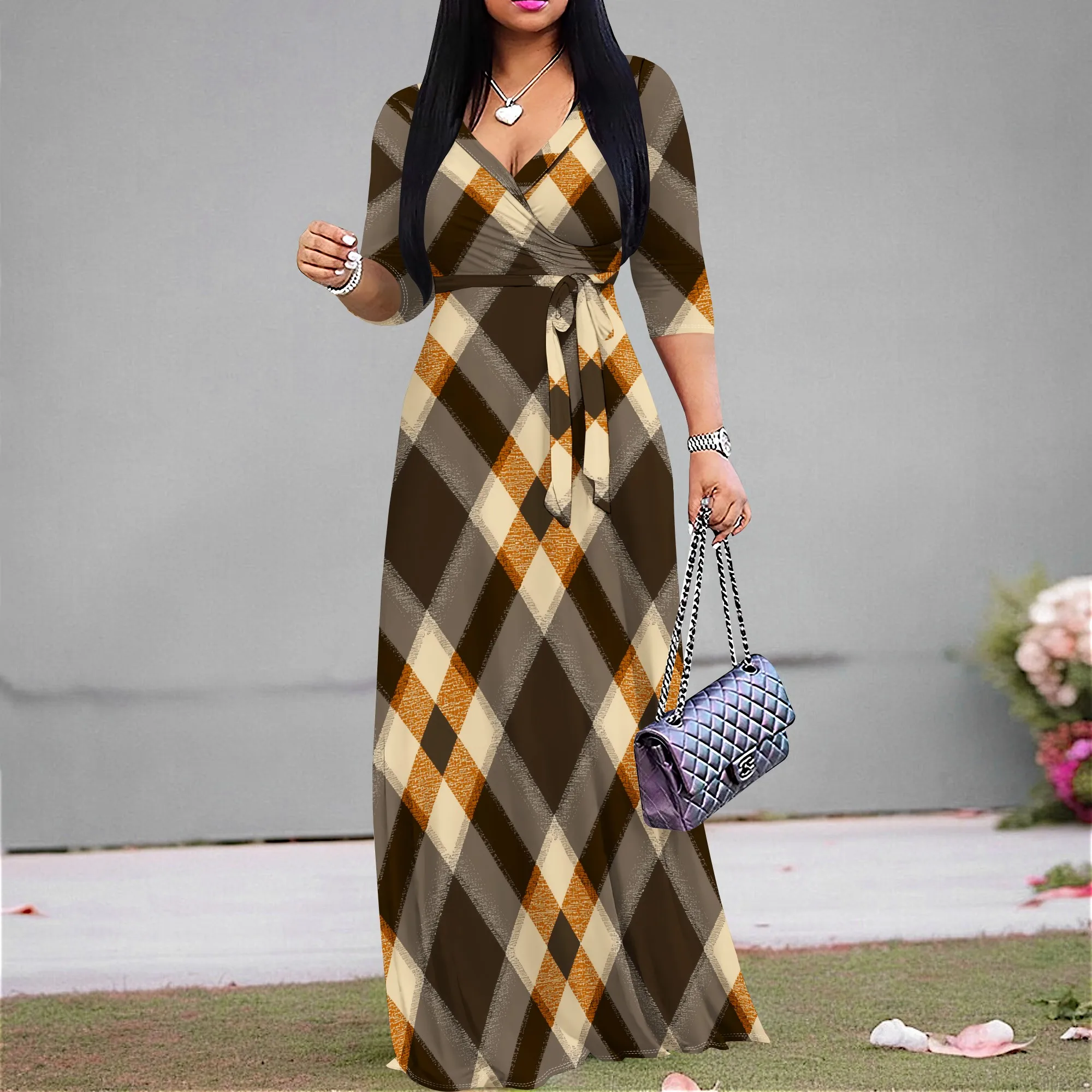 

Women’s Christmas Plaid Maxi Dress XS-3XL Floral Print Wrap V-Neck Long Sleeve Belted Party Dress 2025 Holiday Outfit