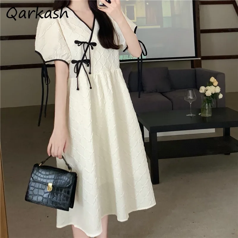 

Women Lace Up Elegant Dresses Bright Line Fairy Summer V-neck Simple Holiday Hipster Fitting Popular Korean Style Schoolgirls