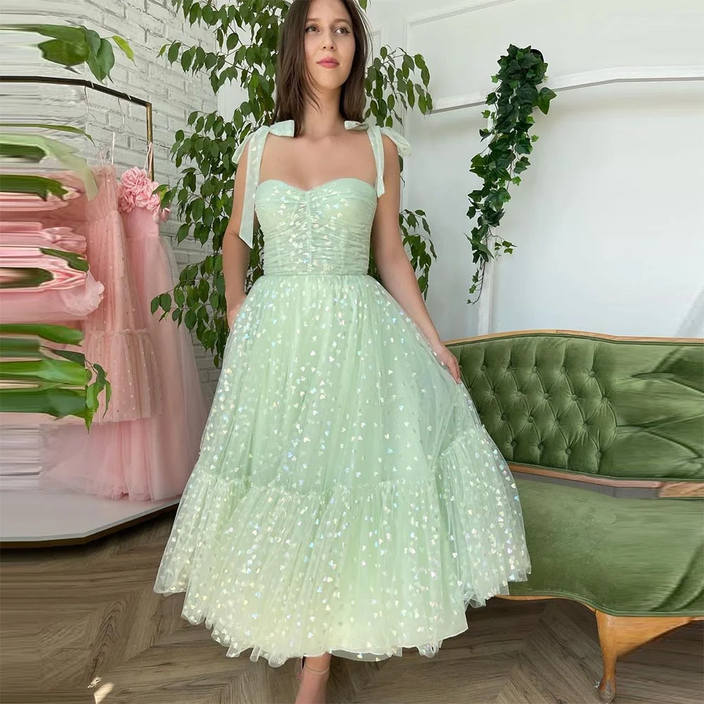 

Sevintage Elegant Green Hearty Tulle Prom Dresses Sweetheart Spaghetti Straps Tea-Length A-Line Evening Gown Wedding Party Dress