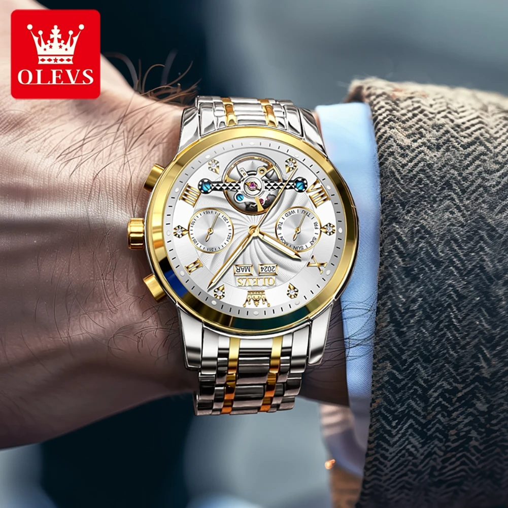 OLEVS 7088 reloj Original de lujo para hombre, cronógrafo con fecha, reloj mecánico resistente al agua de acero inoxidable para hombre, nuevo